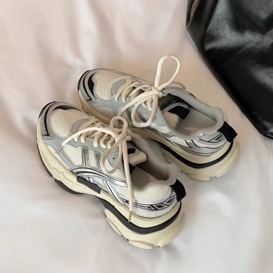 ソウルスースシルバーメッシュ厚底カジュアルジョギングスニーカー女性用パパシューズ