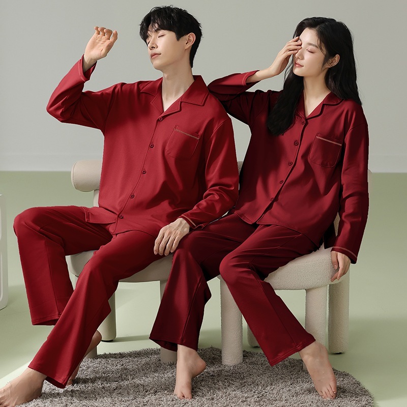 レッドウェディングカップルパジャマレディース春秋スタイルピュアコットン長袖新婚メンズシンプルカーディガンホームウェアセット