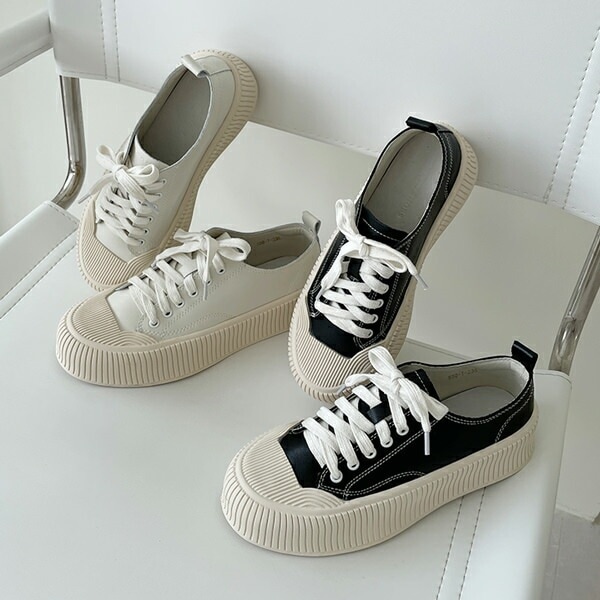 スニーカー 天然牛革 キャップトゥ 厚底 フラット レディース