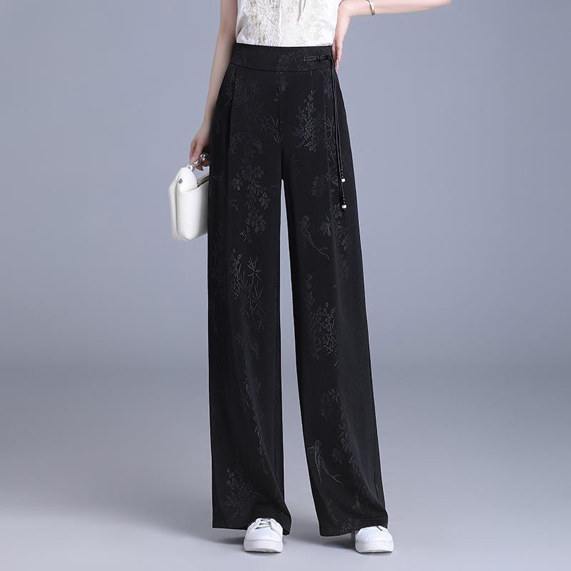 レディース ファッション おしゃれ 上品 シンプル チャイナ風 ズボン 夏 薄手 涼しい 涼しい サテン ジャカード パンツ ハイウエスト ストレート ひんやり 涼しい 快適 ワイドレッグ パンツ