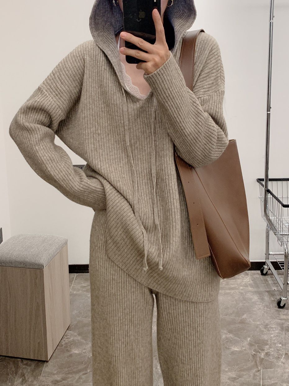 【急速出荷】激安販売！ワイドパンツ ニットパンツ セーター フード付き ニットトップス レディース 秋冬 上下セット ニットセットアップ