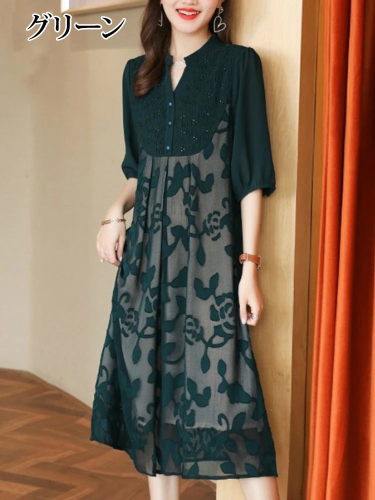 休日 シースルー ブラック 透け感 ボリュームスリーブ ブルー グリーン デート ワンピース エレガント イベント ミディ丈 大人スタイル 花柄 膝丈 可愛い ファッション お洒落 気品 上品