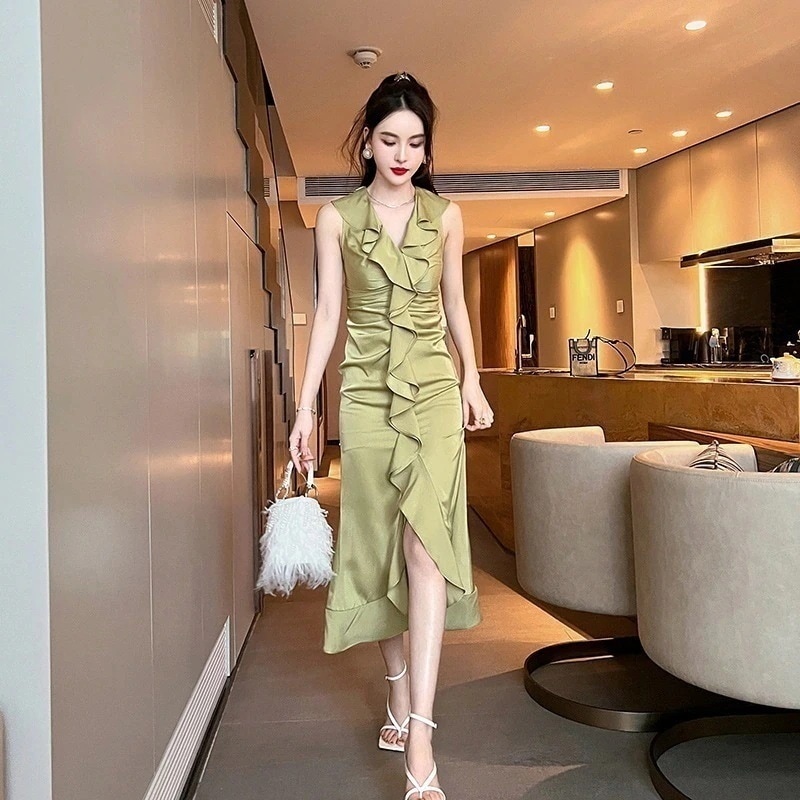 【JY.上品】 ノースリーブ ドレス ワンピース フリル 夏 セクシー キャバ フォーマル パーティードレス 同窓会 結婚式 披露宴 卒業式 演奏会 ウェディング 二次会 発表会