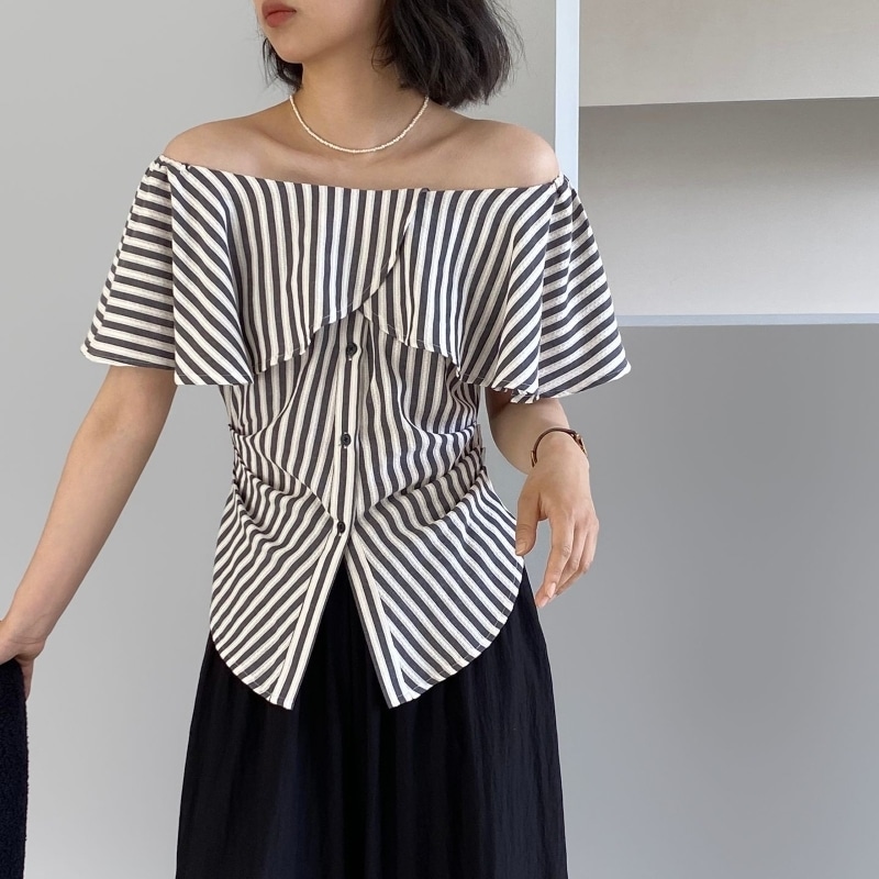 トップス レディース オフショルダー シャツ ストライププシャツ フレンチスリーブブラウス フリルブラウス きれいめ 大人 上品 お洒落 クール エレガント とろみ感 ストライプ 春 夏 デート