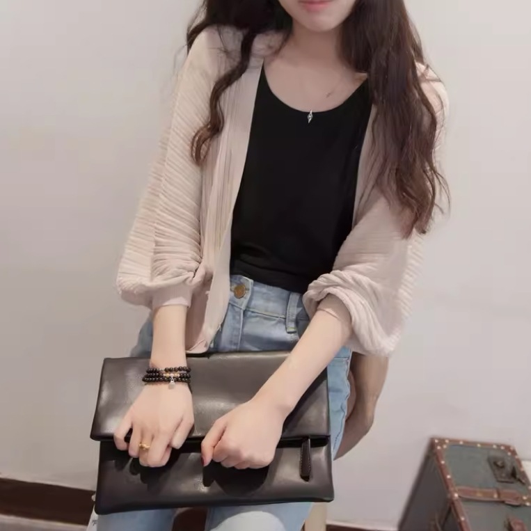 日焼け対策 レディース カーディガン サマーセーター サマーニット 上着 羽織 前開き 長袖 ランタンスリーブ Vネック 襟なし スリム 伸縮性 ボタン 薄手 かわいい 大人可愛い きれいめ シンプル