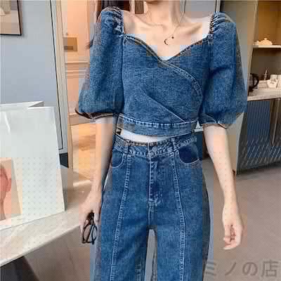 デコルテ スタイルアップ メガ割 フレアパンツ セットアップ 新入荷 【2つ買うと1つ無料】23 女っぽ デニム パフスリーブ