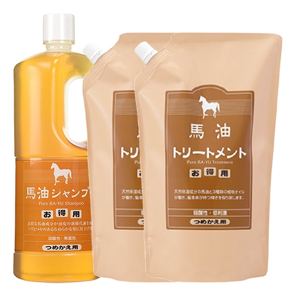 正規販売代理店 定価より10%OFF 馬油セット 馬油シャンプー 1本 馬油トリートメント 2本 各1000ml 詰め替え用 馬油 シャンプー トリートメント 詰替え 大容量 旅美人