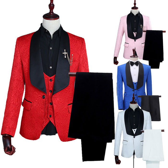 『目玉新商品』スーツ メンズ ベスト付き3点セット ブローチ付き 花柄 オシャレ 男性 セットアップ(ジャケット/パンツ/ベスト）ステージ衣装 メンズ パーティ 司会 カラオケ イベント コスプレ 衣