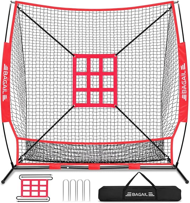 BAGIL野球ネット ベースボールネット 練習用 バッティングネット ピッチングネット スチール製 野球器具 硬式/軟式対応 打撃 投球 防球ネット(レッド, 212x212x108)