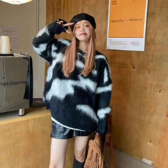 ニットトップス レディース セーター ニット トップス プルオーバー 長袖 ゼブラ柄 ッコントラストカラー モヘア ルーズ カジュアル お出かけ おしゃれ ラウンドネック コットン ニット