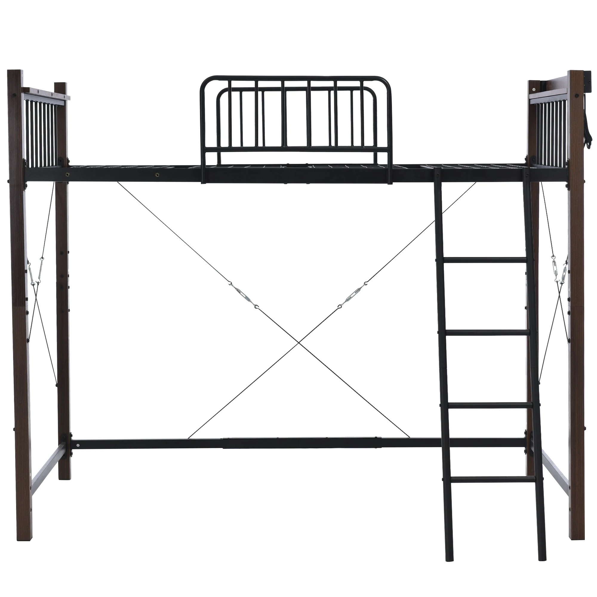 112ロフトベッド シングル パイプベッド コンセント付き おしゃれ 北欧風 スチール ベッド パイプベッド パイプ 金属 耐震 木目塗装 ロフトベッド ハイタイプ システムベッド 子供部屋 金属 耐