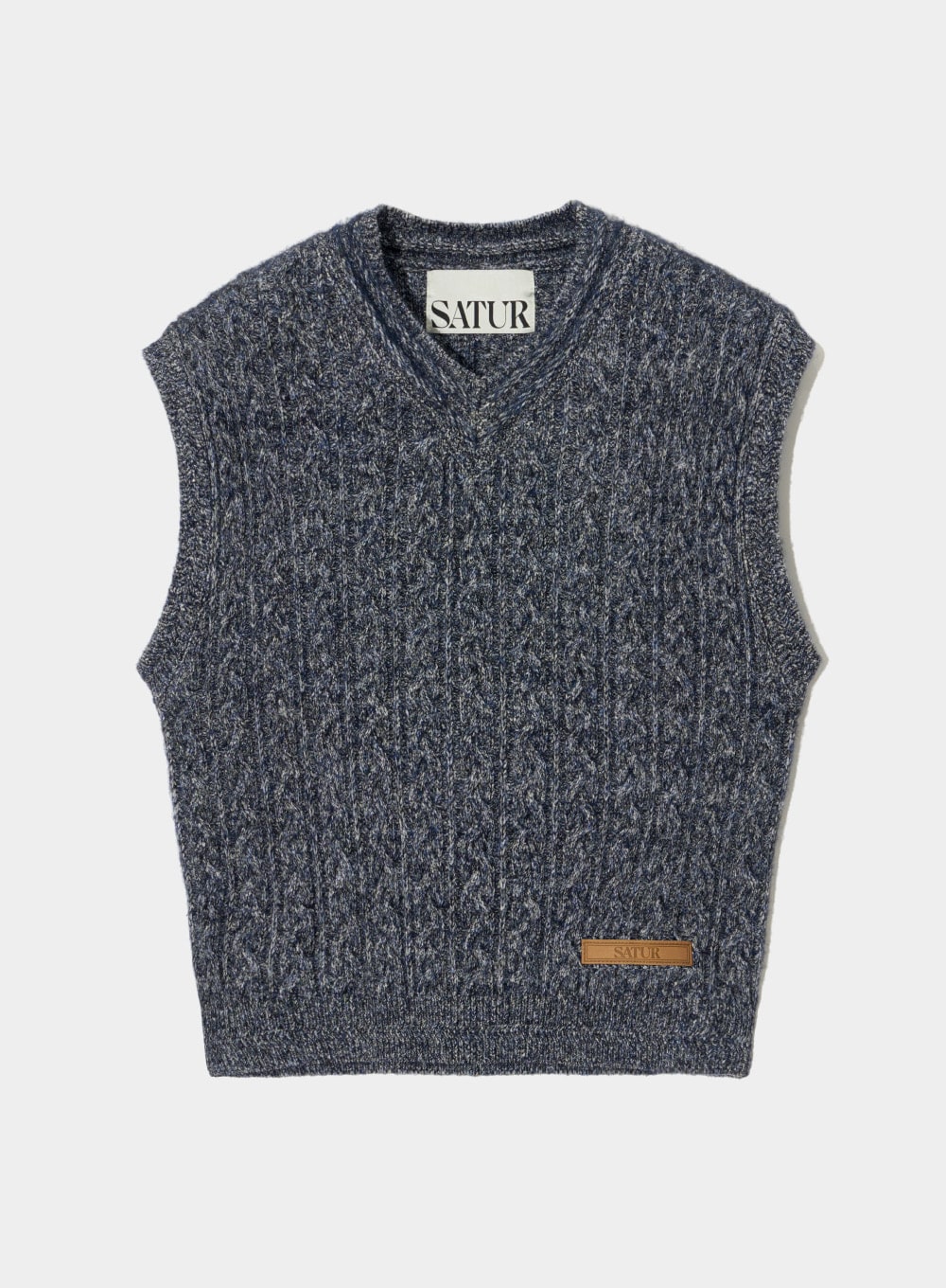 【SATUR】 MELANGE HAIRY CABLE V-NECK VEST : WARM NAVY