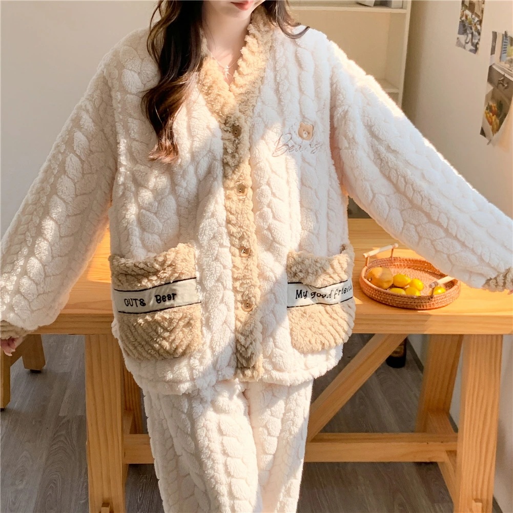 マタニティ パジャマ 冬 モコモコ クマ かわいい シンプル 長袖 マタニティ ルームウェア 授乳口 付き ウエスト調節 パジャマ 上下セット マタニティ パジャマ ギフト パンツ トップス かわいい