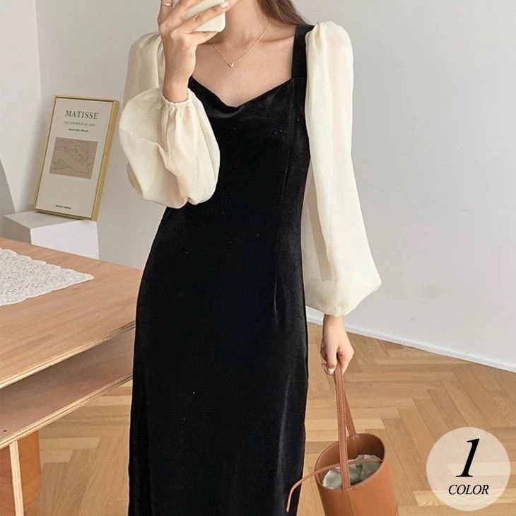 切替え ドッキング シアー袖 ワンピース ロング スレンダー 長袖 ミモレ シアー シースルー 透け感 ベロア調 ベルベッド調 レディース フェミニン 可愛い 上品 きれいめ オケージョン 春 秋 冬