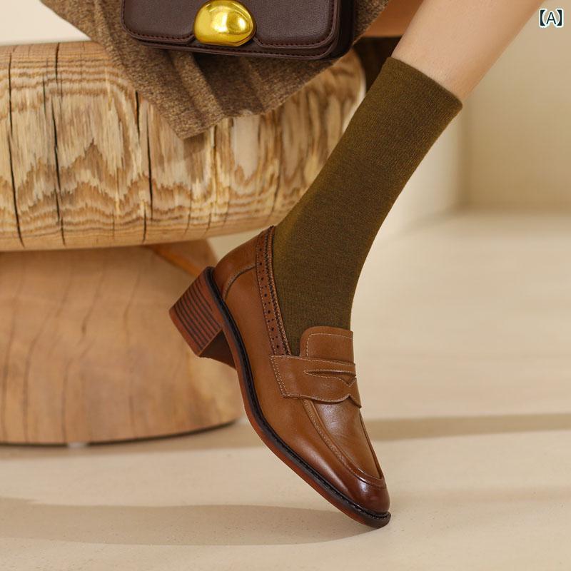 ローファー レディース オフィス 通勤 仕事 英国 スクエアトゥ 小さい 革靴 女性 革 フレンチ レトロ ブラウン 深口 シングル シューズ 太い ヒール ミディアム ヒール