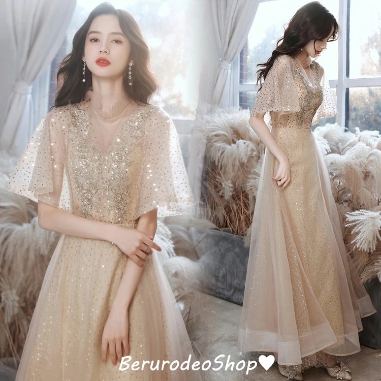 人気 イブニングドレス ベージュ 立ち襟 発表会ドレス スパンコール キラキラ ロングドレス キレイめ 結婚式ドレス 二次会ドレス Aライン ロング パーティードレス 演奏会ドレス 成人式ドレス オシ