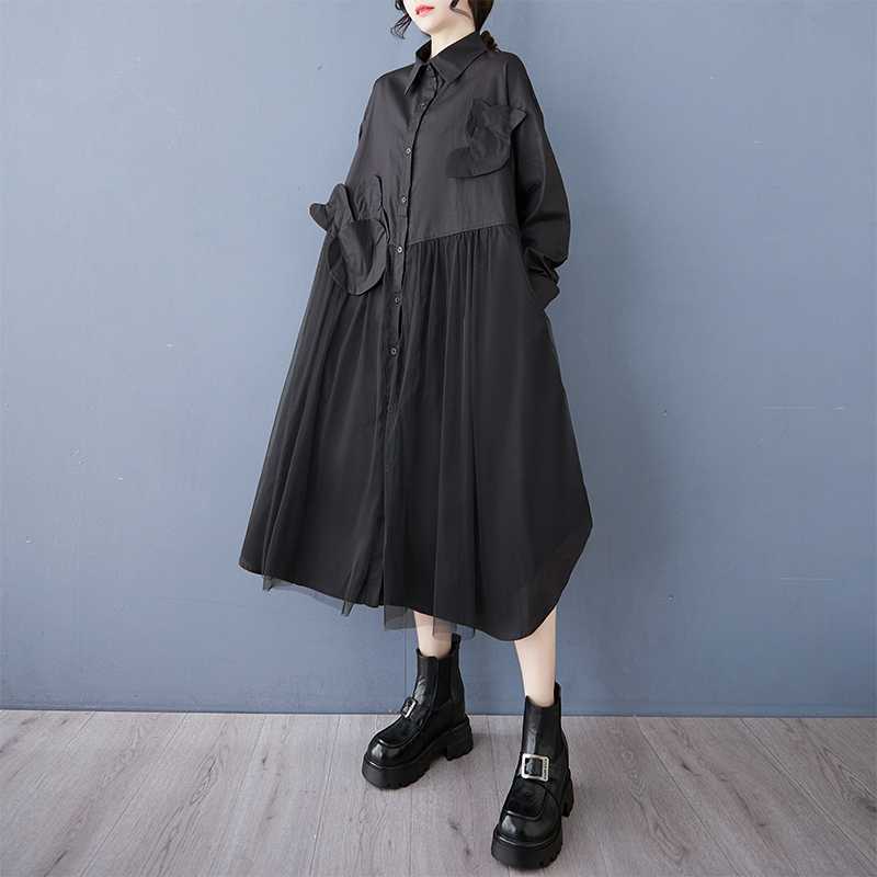 2026秋 レディース 「ファットガール」 チュールドッキング 体型カバー シャツワンピース 大きいサイズ