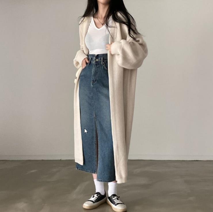 秋と冬のプラスサイズの女性の韓国風ルーズニットロングカーディガン女性のオールマッチセーターコート