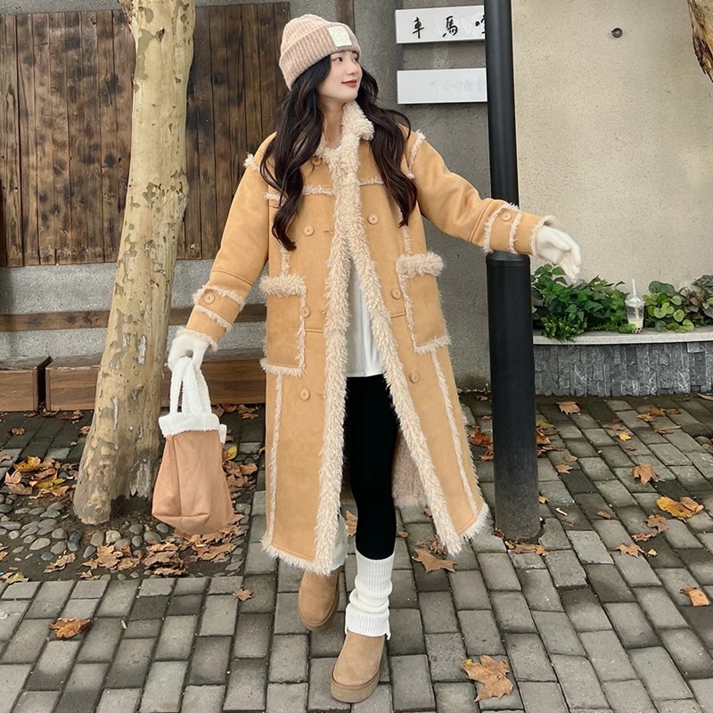 キャメルインスネットレッドスエードファーワンラムウールコート2024新しいファッションミディアムロングプラス