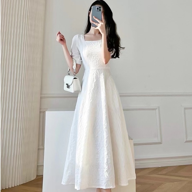 ワンピース ワンピドレス ミモレ ミモレ丈 袖あり 半袖 パフスリーブ Aライン ハイウエスト 無地 夏 結婚式 二次会 披露宴 10代 個性的 ホワイト ブラック S M L XL 2XL