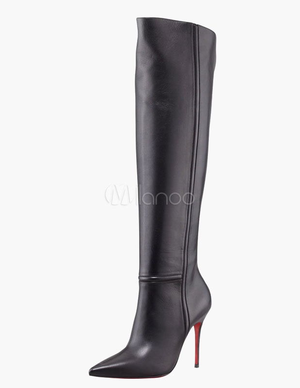 ポインテッドトゥのピンヒールヒールPUレザー膝の上まであるブーツ