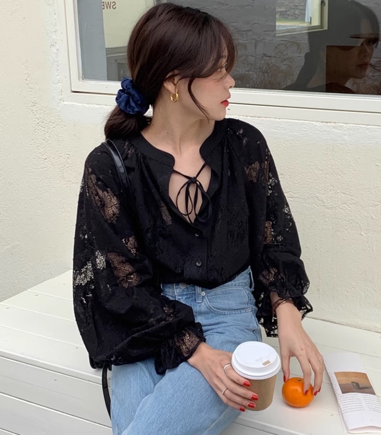 トップス デート モテアイテム シャツブラウス レース ボリュームスリーブ コットン 大人可愛い きれいめ 上品 リボン おしゃれ かっこいい 大人可愛い ラブリー キュート ガーリー クール