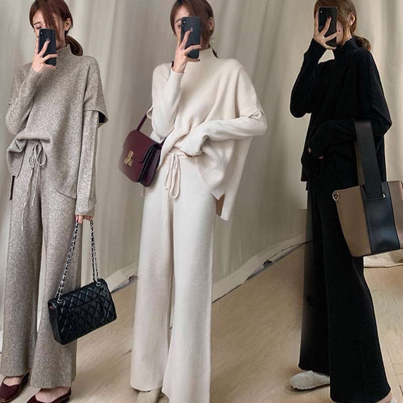 パンツスーツ ニットトップス 3点セット ガウチョパンツ 無地 大きいサイズ ゆったり ツーピース 大人 女子 上品 通勤 OL20代30代40代 秋冬新作 バレンタイン 2025 プレゼント