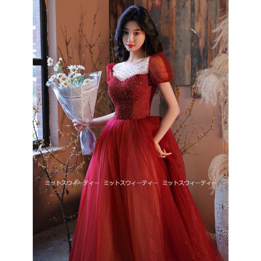 花嫁 ロングドレス カラードレス フォーマル 赤 レッド 袖付き 結婚式 二次会 Aライン パーティ