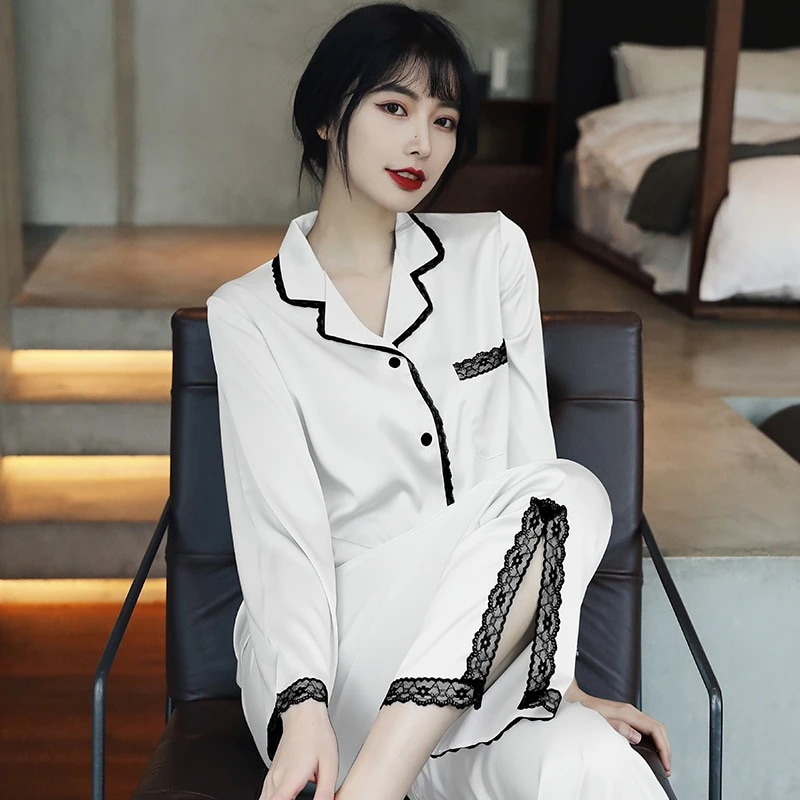 パジャマ レディース新型韓版黒レースファッション家居服セクシー長袖セットルームウェア垂感パジャマセット母の日プレゼント