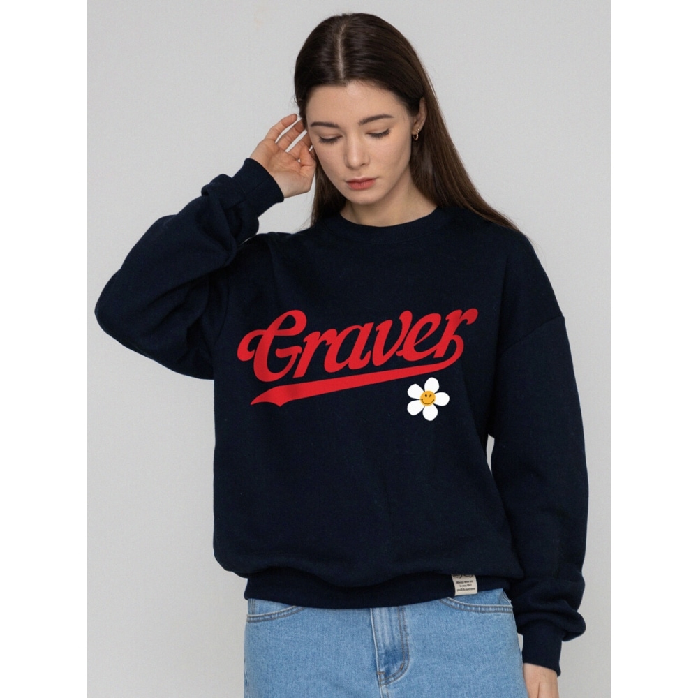 GRAVER ベースボール ロゴ フラワースマイル マンツーマン ネイビー