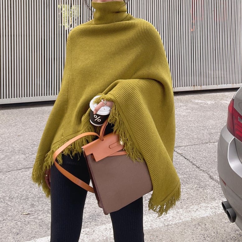 5color レディース ニット ポンチョ ケープ タートルネック フリンジ ハイネック トップス