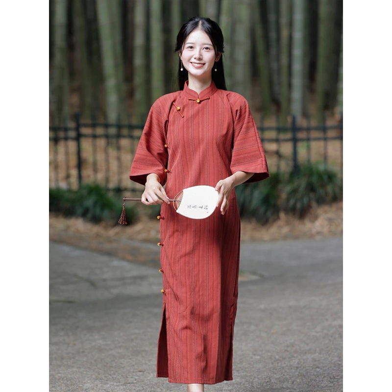ワンピースドレスドレスレトロスタイルワンピース伝統的な逆袖の古代チョンサムミドルスリーブウエストぴったりの若いドレス秋