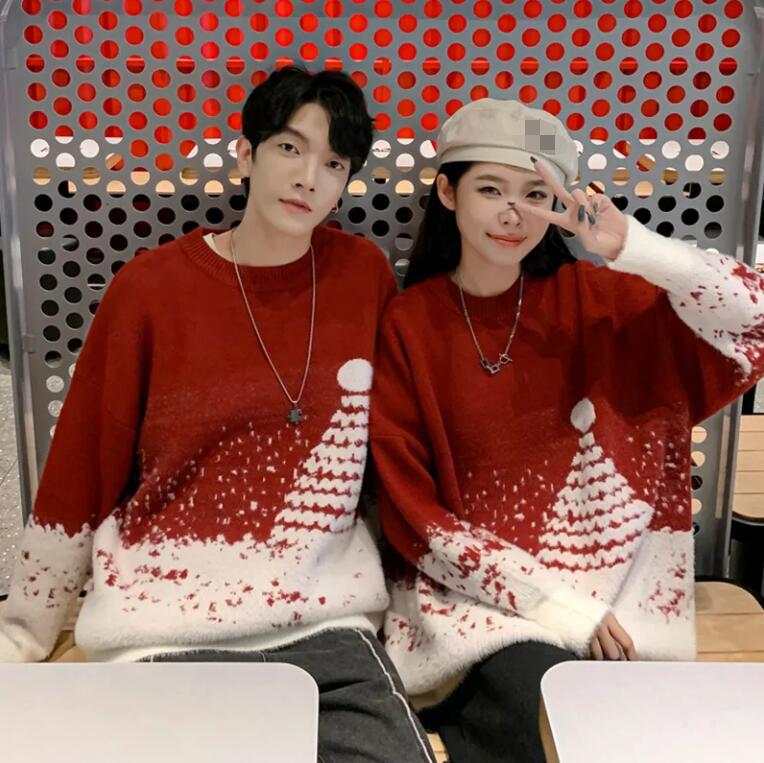 韓国ファッション 秋と冬 新しい 怠惰なレトロ 通勤 ゆったり カジュアル カップルのセーター クリスマスレッドの雪花セーター PQ28