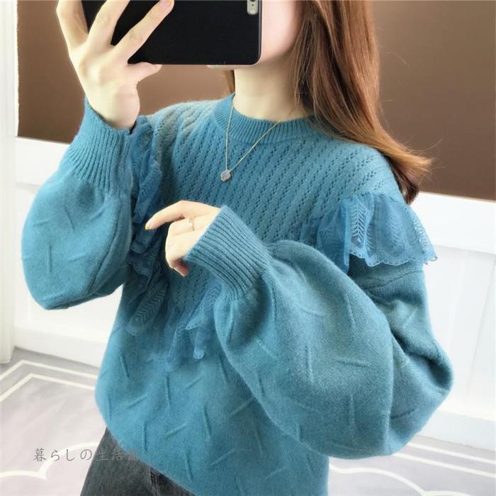 ニット セーター レディース ニットセーター 長袖 トップス レースフリル チュニック 大きいサイズ 体型カバー 秋 冬 定番 コーデ 防寒 可愛い