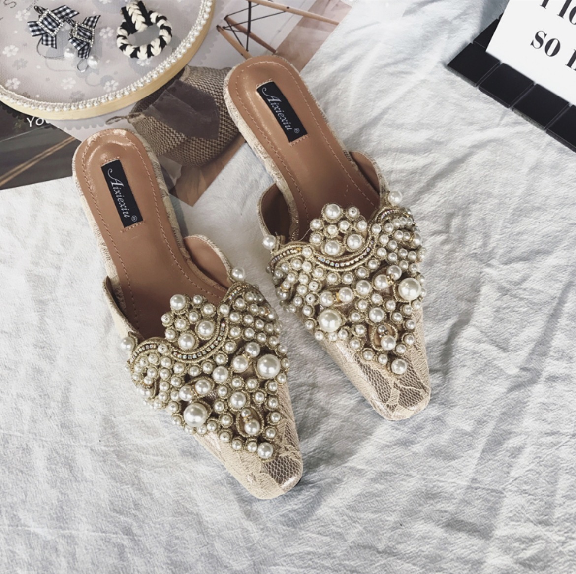 シューズ サンダル ミュール ポインテッドトゥ パール調 ビジュー レース フラット ペタンコ ぺたんこ 歩きやすい かわいい 大人可愛い きれいめ シンプル 大人 上品 おしゃれ フォーマル