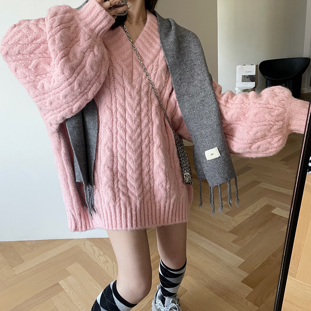 無地 Vネック ランタン袖 怠惰な厚手セーター 女性用 23新作 韓国風 ゆったり おしゃれ トップス 23-58