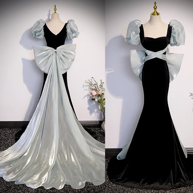 ドレス ワンピース フィッシュテール トレーン リボン ブラック 上品 発表会 結婚式 ドレス お呼ばれパーティー ドレス