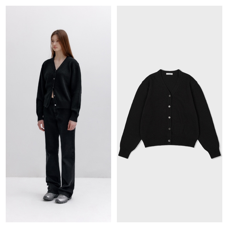 【LOW CLASSIC】 COTTON V-NECK CARDIGAN : BLACK