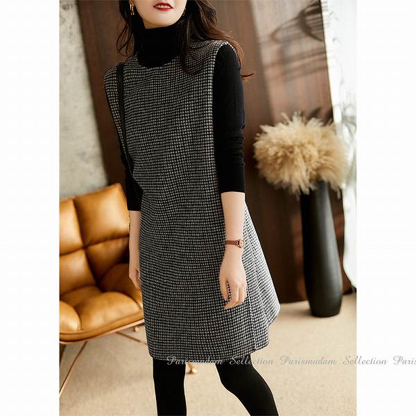 人気新品チェックジャンバースカート　ギンガムチェック　千鳥格子　1枚仕立て　ボンディング　膝上丈　ミニ丈　ほっそり効果大 20代30代40代50代　ミセス