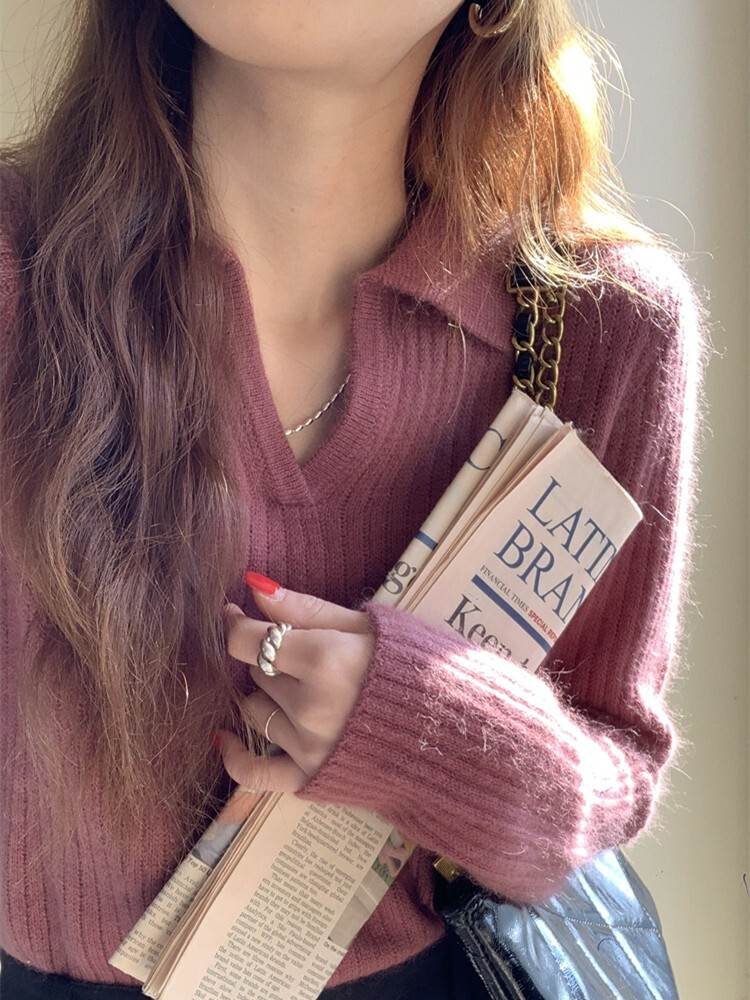 襟付き リブニットセーター レディース トップス ニット セーター プルオーバー 長袖 Vネック 角襟 リブ リブニット かわいい 大人可愛い きれいめ シンプル カジュアル 上品 おしゃれ 無地 春