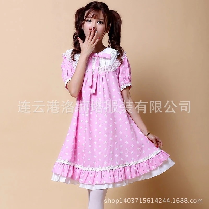 日常ソフト妹lolita洋服ピンクプリント刺繍レースメイド服大きいサイズマルチサイズ