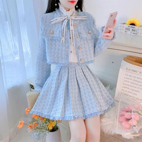レディース ツイード セットアップ ツーピース 韓国 セレモニー かわいい ミニスカート ジャケット カジュアル 大きいサイズ 春秋冬 ブランド 上下セット パステルカラー ピンク 水色 お呼
