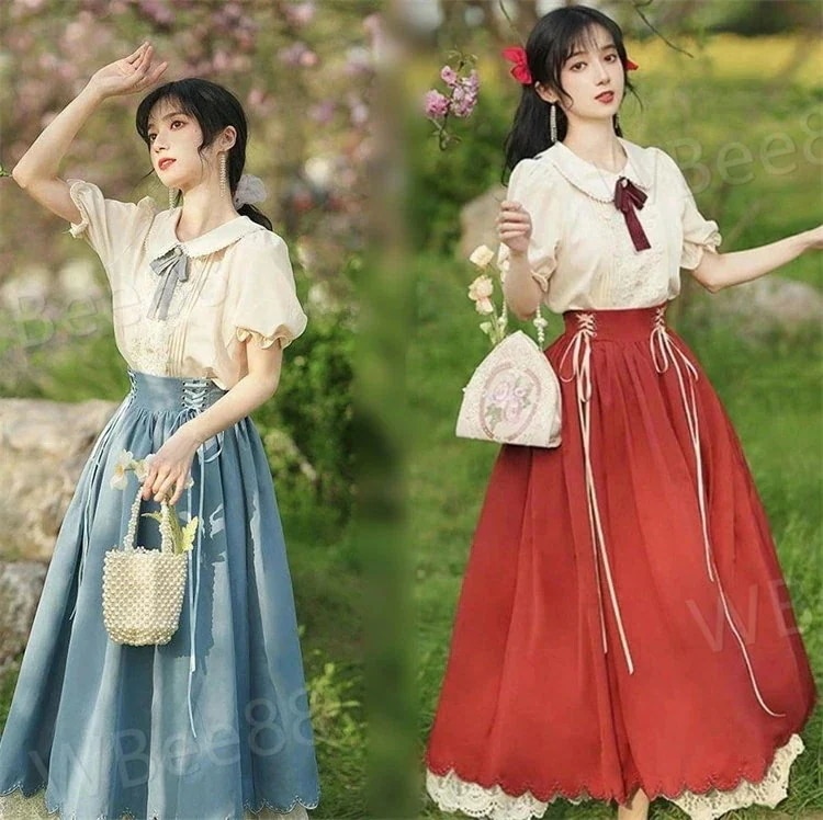 沸騰新柄追加 ロリータ セットアップ シャツ スカート リボン ヨーロッパ 半袖 長袖 ロング丈 Aライン Lolita 編み上げ 可愛い レディース コスチューム 仮装 ハロウィン 学園祭 文