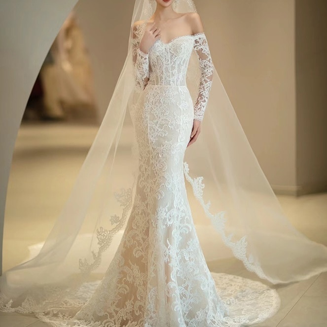 ドレス ワンピース ウェディング パーティー 結婚式 二次会 披露宴 演奏会 ステージ 舞台 衣装 ロング 長袖 オフショル マーメイド フレア 刺繍 きれいめ シンプル 大人可愛い 上品 おしゃれ