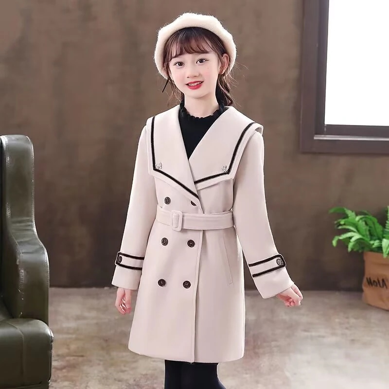 女の子用ツイードコート冬の新作マリンネックミディアム子供用ラシャコート洋風ダブルブレスト女の子用厚手コート