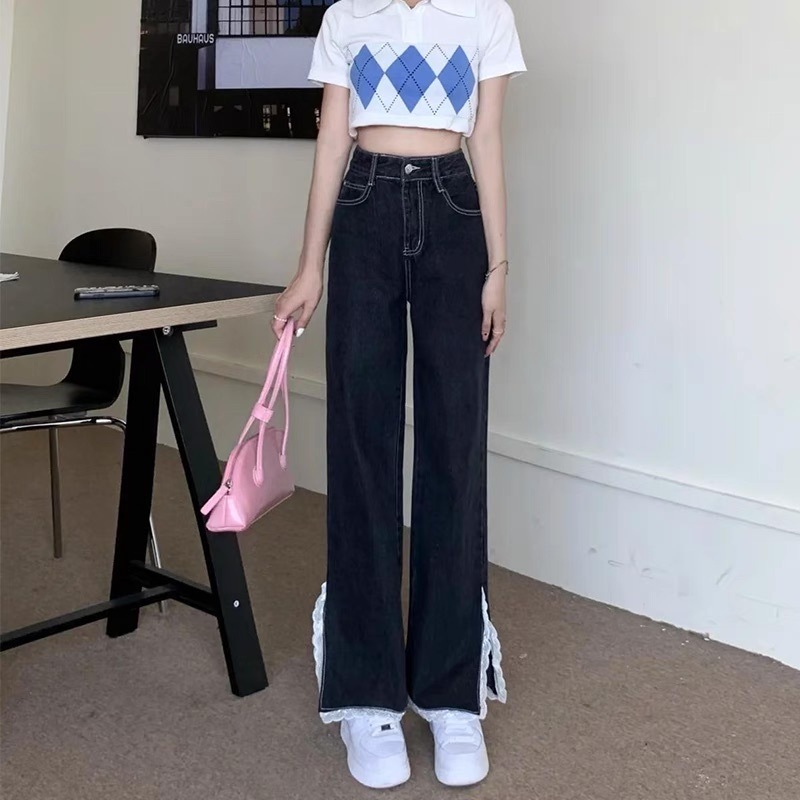 レディース パンツ ボトムス デニム Gパン ストレートパンツ ロングパンツ フルレングス フレア セミフレア 切り替え ドッキング フェミニン ストリート レース サイドスリット ポケット