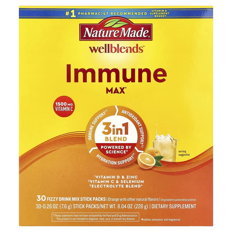Nature Made Wellblends（ウェルブレンド） Immune Max（イミューンマックス） オレンジ スティックパック30本 各7.6g（0.26オンス）