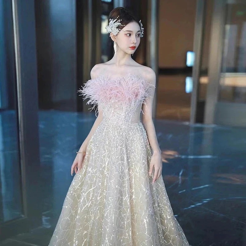 ピンクワンショルダードレス2025婚約結婚式乾杯着用誕生日ホスト夏