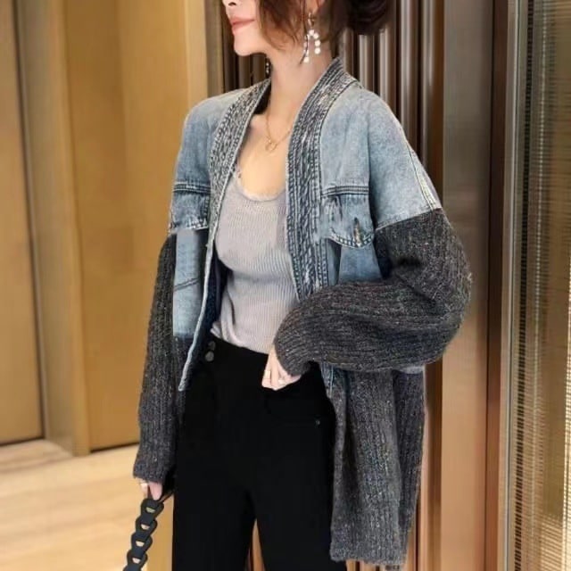 ヨーロッパ駅デニムスプライシング新しい秋のジャケットファッショナブルなニットカーディガンジャケットトップトップトップ