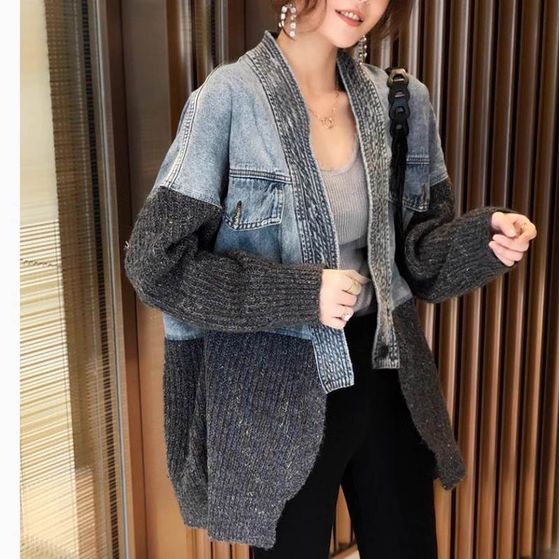 アウター 上着 レディース デニムジャケット ロング 長袖 ドロップショルダー 襟なし アメカジ 切り替えデザイン ドッキング オーバーサイズ デニム ブルーデニム 異素材ミックス ニット かわいい 6,871円